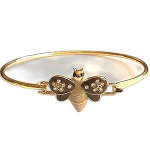 Vtg Gold Plated Bumble Bee Charm Bracelet 8"Crystal Beige Brown Enamel Bangle